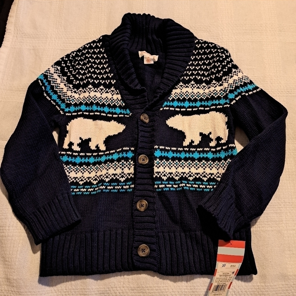 Cat & Jack boys 3T blue & white cardigan with polar bear design, New